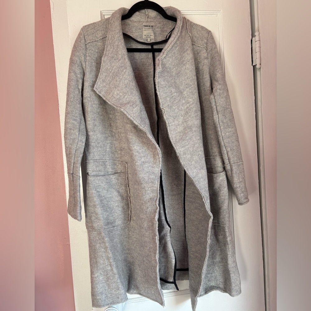 Zara Trafaluc Gray Wool Blend Draped Waterfall Open Front Coat Jacket Small